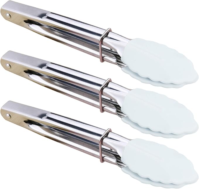 HINMAY Small Serving Tongs with Silicone Tips 7-Inch Mini Tongs, Set of 3 (White)