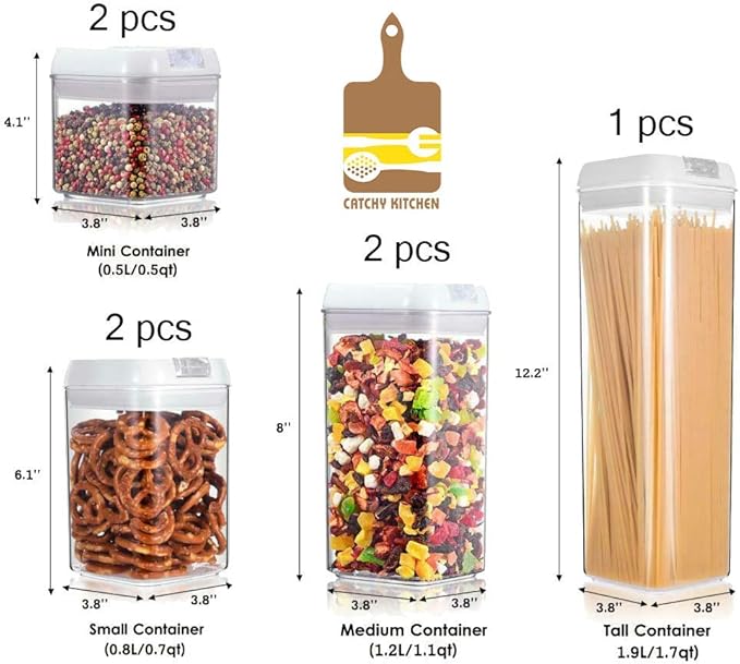 Airtight Food Storage Container Set, 7 Pieces Clear plastic cereal Canisters, easy lock Lids, kitchen pantry organization and storage, BPA free plastic, Included 24 labels & Marker