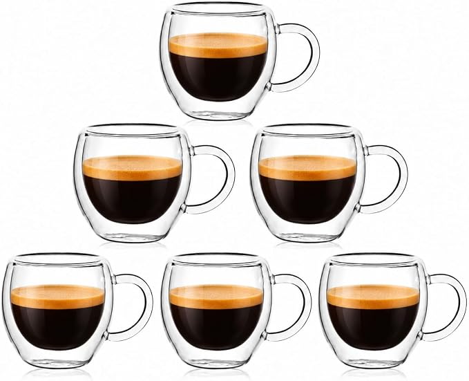 2.5oz Espresso Cups Set of 6, Small Expresso Shot Glass, Clear Expresso Coffee Cup with Handle, Double Wall Insulated Espresso Mugs,Tazas De Cafe Expreso, Suif for Espresso Machine Accessories