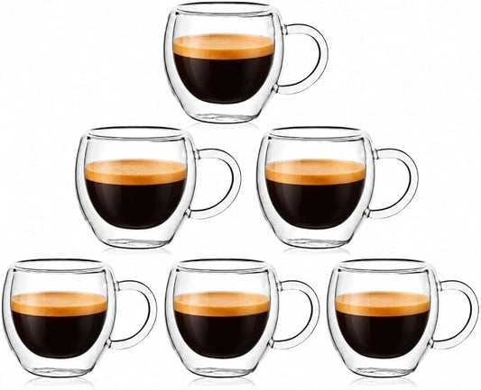 2.5oz Espresso Cups Set of 6, Small Expresso Shot Glass, Clear Expresso Coffee Cup with Handle, Double Wall Insulated Espresso Mugs,Tazas De Cafe Expreso, Suif for Espresso Machine Accessories
