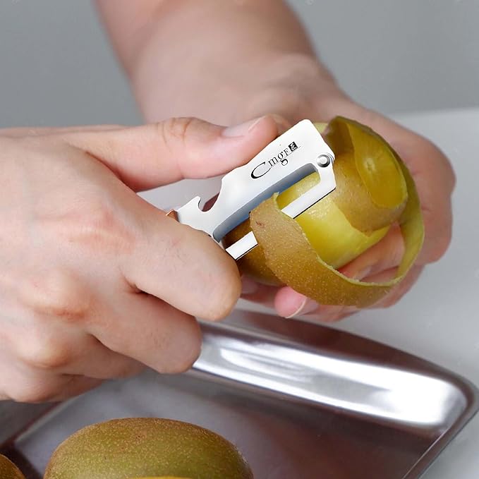 Stainless Steel Vegetable Peelers for Kitchen with Bottle Opener, Non-Slip Wooden Handle - for Paring Fruits and Veggies like Potato, Apple, Carrot, Mango, Lemon, and Sugarcane