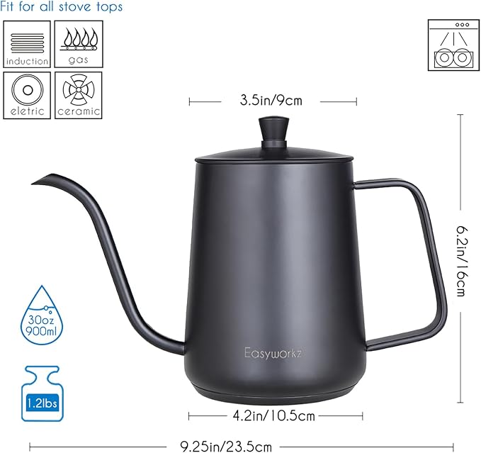 Easyworkz Gooseneck Pour Over Coffee Kettle 30 fl oz Stainless Steel Hand Drip Coffee Pot With Long Narrow Spout, Suitable for Induction Cookers, Black