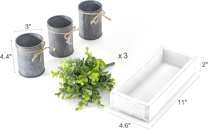 Dahey Decorative Galvanized Metal Pots Centerpiece Decor Wood Tray with Artificial Plant, 3 Buckets with Eucalyptus, Rustic Farmhouse Home Decor for Coffee Table Dining Living Room Kitchen Bath, White