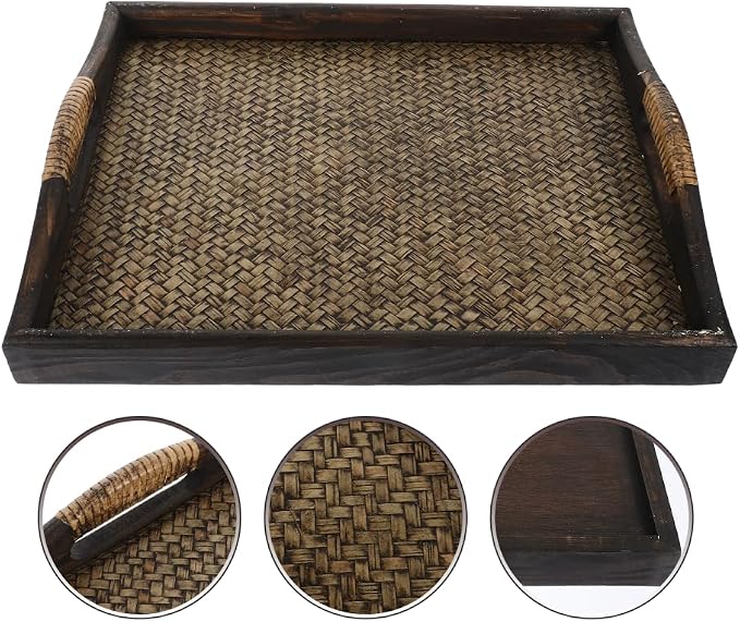 PartyKindom Handmade Wood and Rattan Serving Tray with Elevated Handles, Large Rectangular Decorative Tray for Ottoman, Coffee Table, Spa Salon and Hotel Room