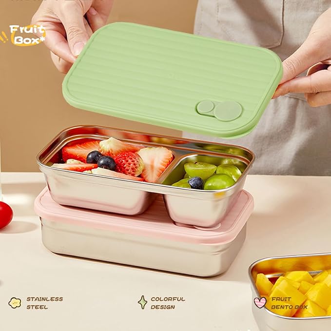 Stainless Steel Snack Containers Individual Household Food Container,Reusable Divided Food Storage Condiment Containers with Lids - Food Lunch Meal Prep Box for Travel Camping (2 Compartment)