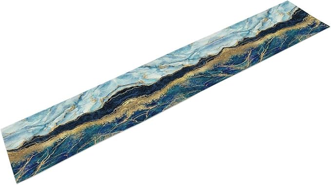 Marble Table Runner, Abstract Blue and Gold Foil Modern Luxury Texture Printed Linen Table Runners for Living Room Kitchen Dining Room Party Holiday Home Decor 13" W x 108" L