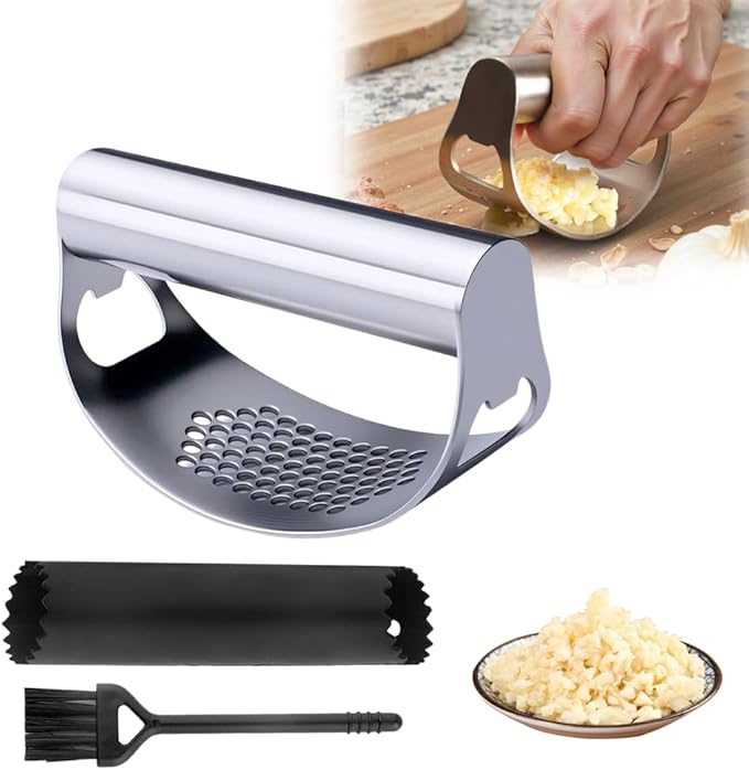 Stainless Steel Garlic Press, 2025 Upgraded Garlic Press Stainless Steel, Garlic Press Rocker, Portable Manual Garlic Crusher, Stainless Steel Garlic Mincer tool with Peeler and Brush (1)