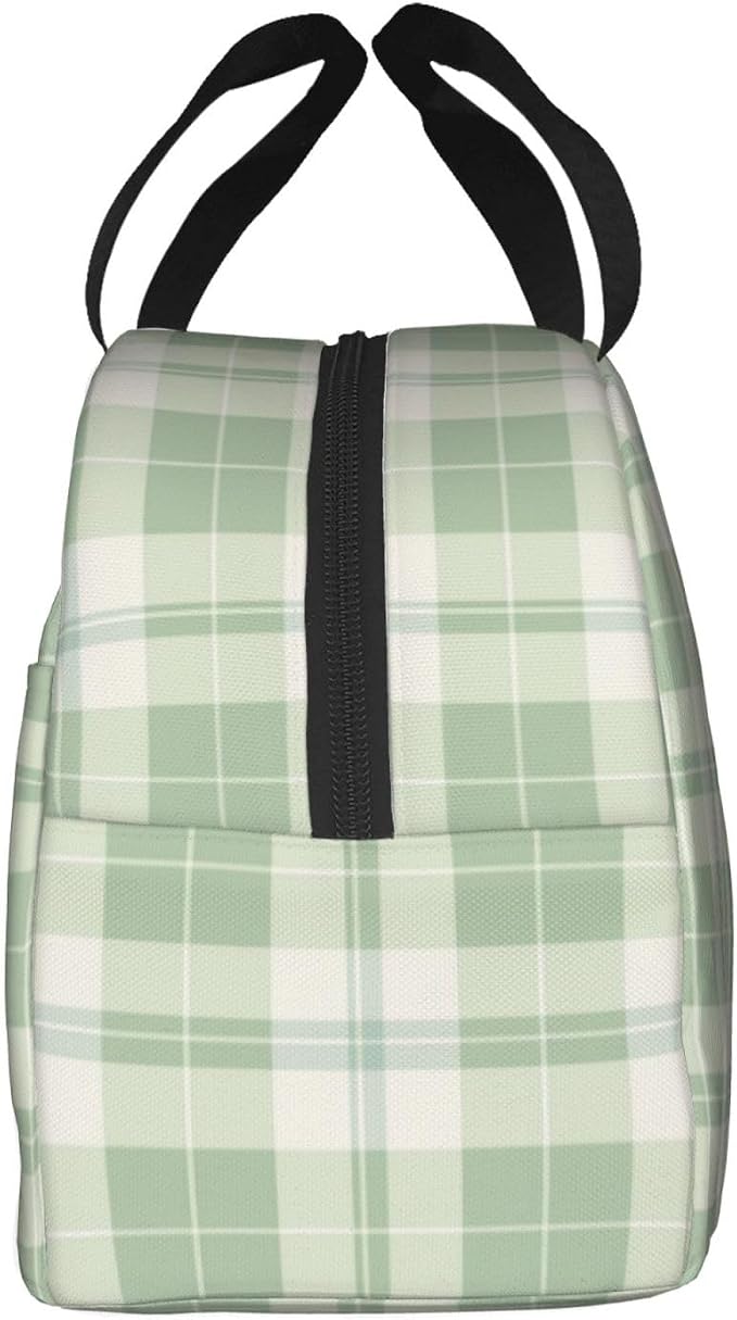 Lunch Bag Pastel Green Plaid Insulated Lunch Box Reusable Cooler Tote for Adults Student Girl Boy Work Office School Picnic Over 3 Years Old