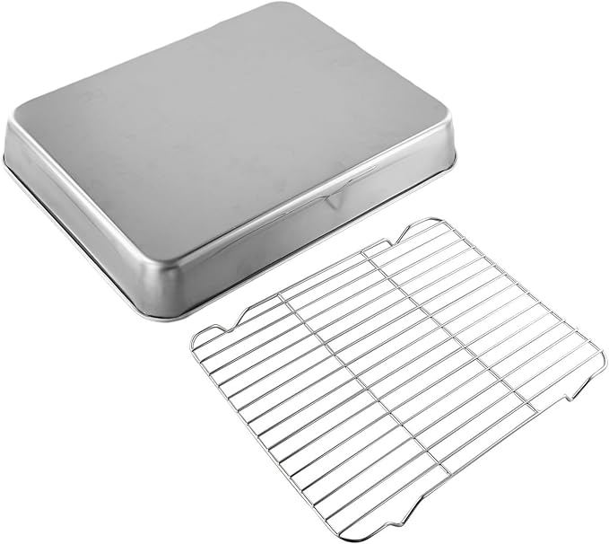 Stainless Steel Baking Pan Tray Set with Cooling Rack for Baking Roasting BBQ Cookies Vegetables Cakes Dishwasher Safe Oven Safe Rust-Resistant Mirror Finish Suitable Size for Kitchen Use(31x24x5cm)