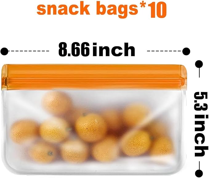 10 Pack Reusable Snack Bags, Extra Thick BPA Free, Dishwasher & Freezer Safe Food Storage Bags for Lunch, Snacks & Home Organization (orange, 10 Pack Snack Bags)