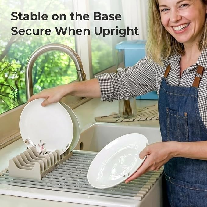 Large Aluminum Roll Up Dish Drying Rack (20.5" x 13") - Fits Sinks up to 19.5 Inches, Heavy Duty Square Bar, Rust-Proof & Heat Resistant with Removable Dish Holder (Beige Large)
