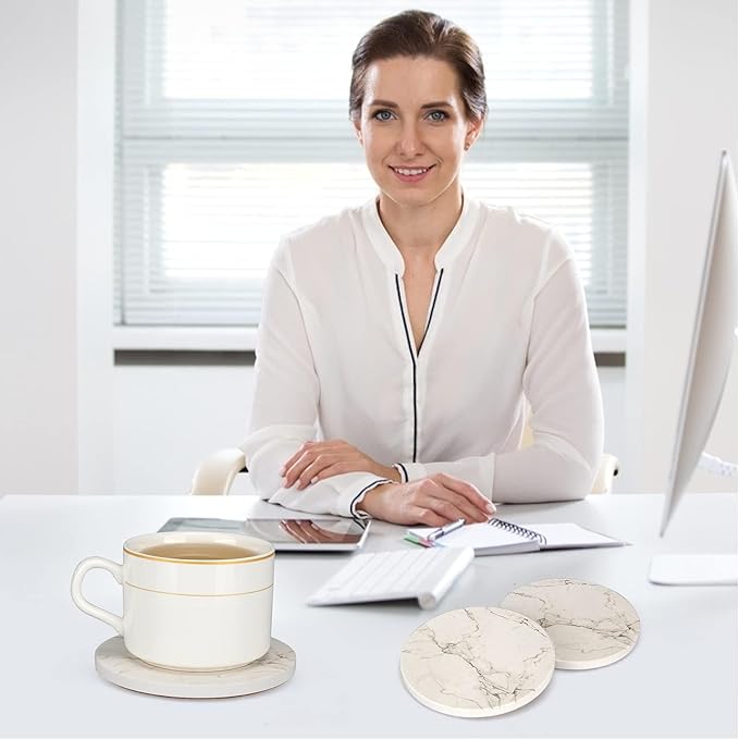 6 Pack White Marble Coaster Set with Holder Absorbent Drink Coasters Ceramic Cute Coaster Bar Dining Coffee Table Accessories Decor Gift Funny Cup Stone Modern Costers Cool Desk Beer Cork Coasters