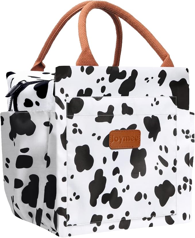 Joymee Reusable Insulated Lunch Bag, Leakproof Cooler Tote for Work - Cow | Large Capacity, Bottle Holder & Side Pockets, Leakproof Insulated Design, for Work, Travel, Picnic & Daily Use, for Adult