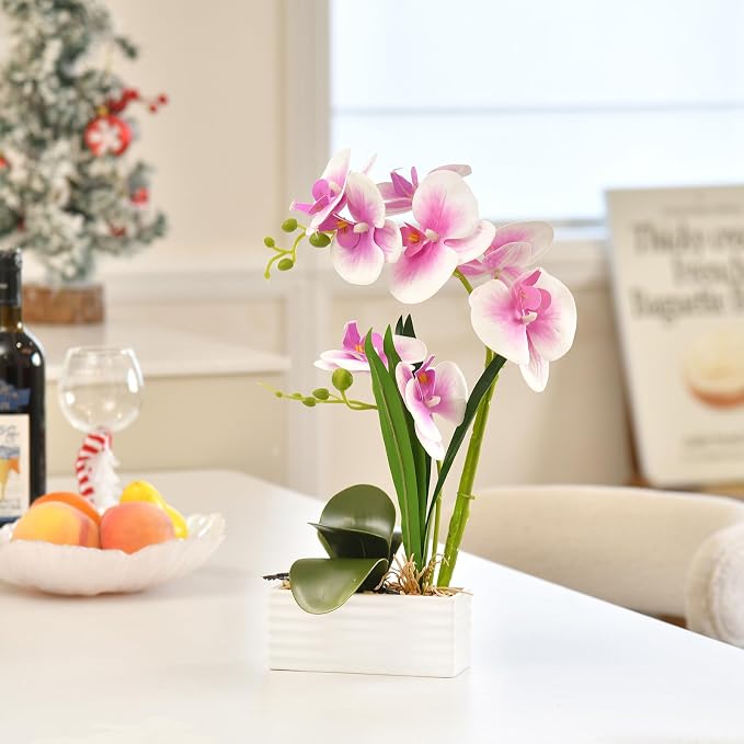 Artificial Real Touch Orchid Flowers in Pot Fake Phalaenopsis Flower with White Ceramic Vase Faux Orchids Arrangement for Home Table Office Wedding Party Decoration (Light Purple)