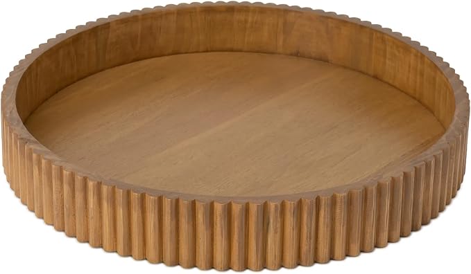 Ribbed Wood Decorative Tray, 16.5-Inch Round with Light Honey Finish for Table Centerpieces