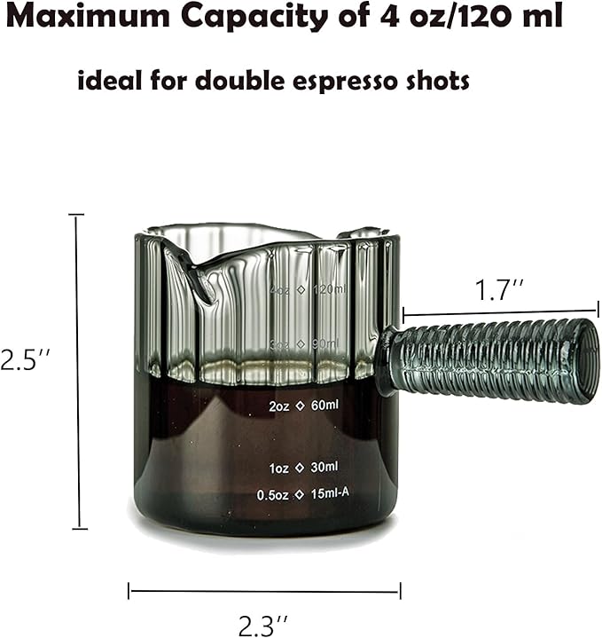 Glass Espresso Shot Measuring Cup Set, Gray, Double Spout Design with Glass Handle for Dishwasher Safe, 4 oz Capacity, 2 Pack, Coffee Bar Accessories (Gray)