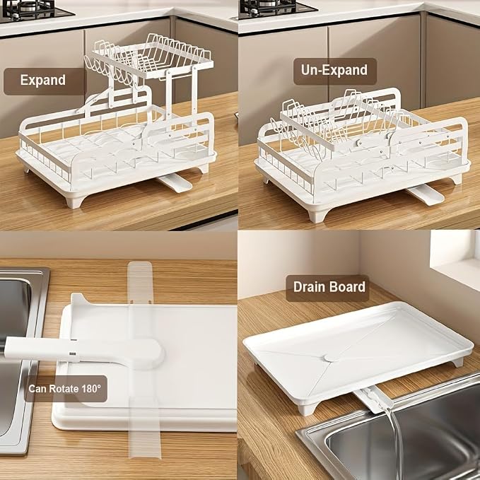 2 Tier Dish Drying Rack Automatic Drainage Board Space-Saving for Kitchen Counter with Cups Holder