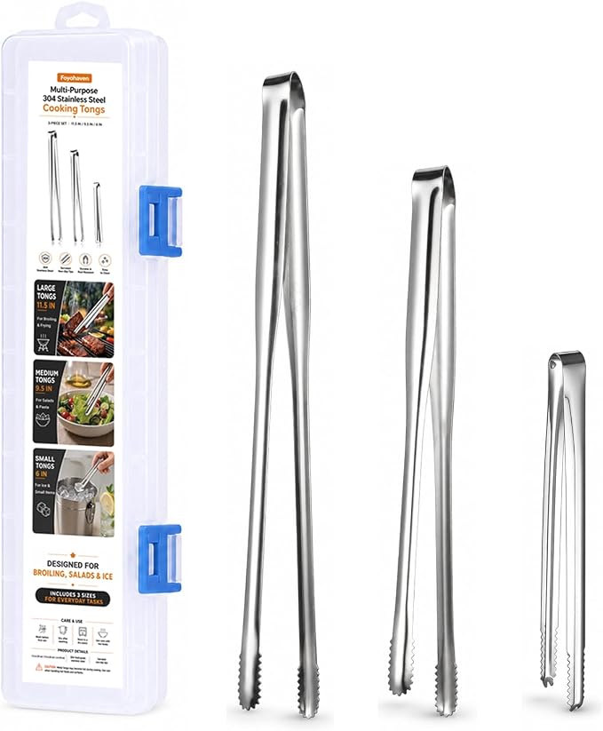 Kitchen Tongs Set of 3 with Storage Case, 304 Stainless Steel Cooking Tongs, 11.5”, 9.5” & 6” Serrated Non-Slip Tips for Grilling, Frying, Salad, Pasta, Ice Cubes (Silver)