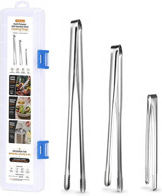 Kitchen Tongs Set of 3 with Storage Case, 304 Stainless Steel Cooking Tongs, 11.5”, 9.5” & 6” Serrated Non-Slip Tips for Grilling, Frying, Salad, Pasta, Ice Cubes (Silver)
