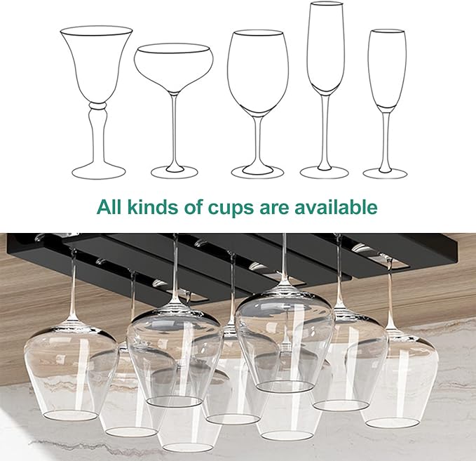 2 PCS Under Cabinet Punch-free Plastic Wine Glass Holder,No Drilling Stemware Rack Glasses Storage Hanger Hanging Stemware Rack for Bar Cabinet Kitchen,Black