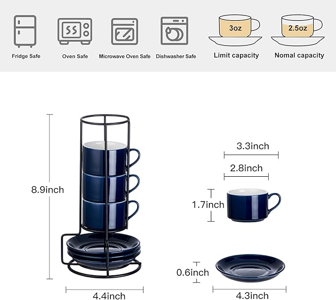 2.5oz Espresso Cups Set of 4, Porcelain Stackable Espresso Cups with Saucers and Metal Stand Set, Blue Expresso Shots Cup Set