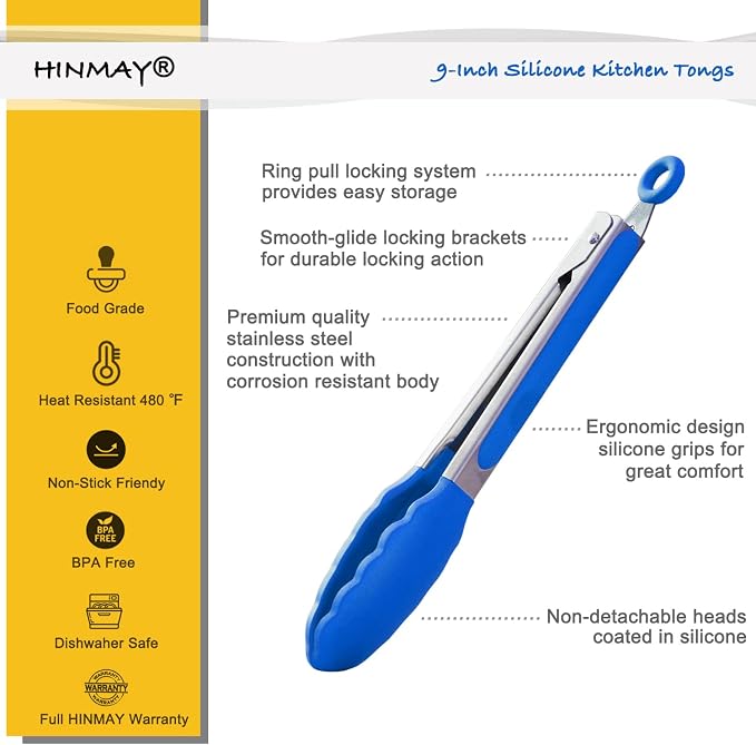 HINMAY 9-Inch Cooking Tongs with Silicone Tips, Set of 3 (Blue)