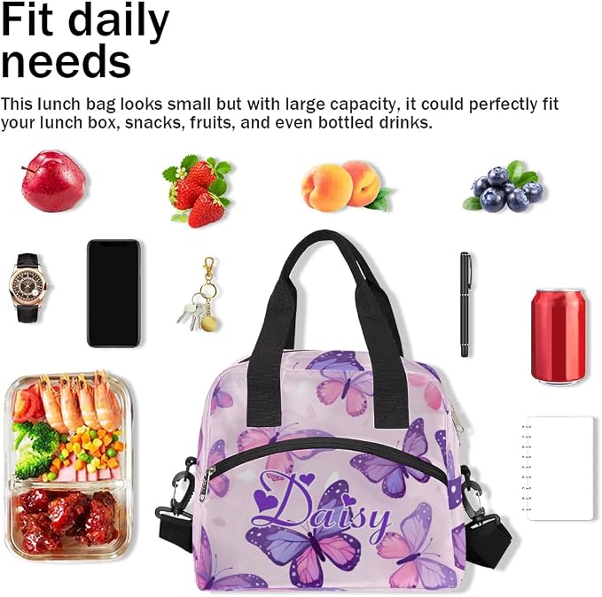 Personalized Butterfly Lunch-Bag for Women, Custom Insulated Cooler Lunch Box with Name, Leakproof-Reusable Lunch Tote Bag for Work Office Picnic - Pink Purple 4