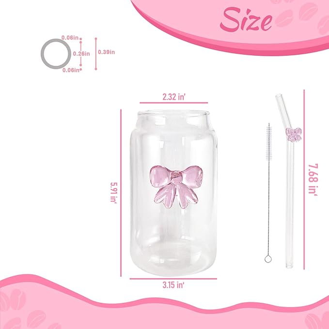Aesthetic 3D Pink Bow Glass Cup with Plastic Lid & Straw,16OZ Bows Glass Coffee Cups,Bow Tumbler for Iced Matcha, with１Cleaning Brush, Girly Preppy Stuff/Glassware Birthday Valentine's day Gifts