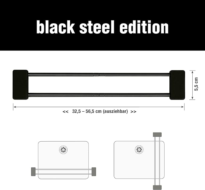 Sanni Shoo drip.line Pure drip Tray/Rack, Practical, Multifunctional Kitchen Rack for Storing dishcloths and Brushes, drip Drying Bottles, extendable, Heat-Resistant (Black Steel Edition, Pure)