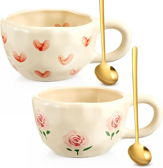 Vesici 2 Pcs Ceramic Coffee Mugs with Spoon, Vintage Floral Spring Mugs with Handle, 8.5 oz Aesthetic Flower Porcelain Tea Cup Set, Dishwasher & Microwave Safe Mothers Day Gifts for Mom(Heart,Rose)