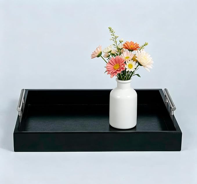 Serving Tray 16.5“X 13“Deluxe Wooden Ottoman Tray for Coffee Table with Polished Silver Metal Handles and 4 Coasters, Living Room Bathroom Coffee Bar Organizer Modern Decorative Black