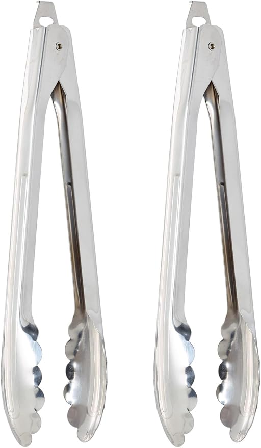 HIC Kitchen Spring Locking Kitchen Cooking Serving Tong, Scalloped Gripping Edge, Stainless Steel, 10-Inch, Set of 2