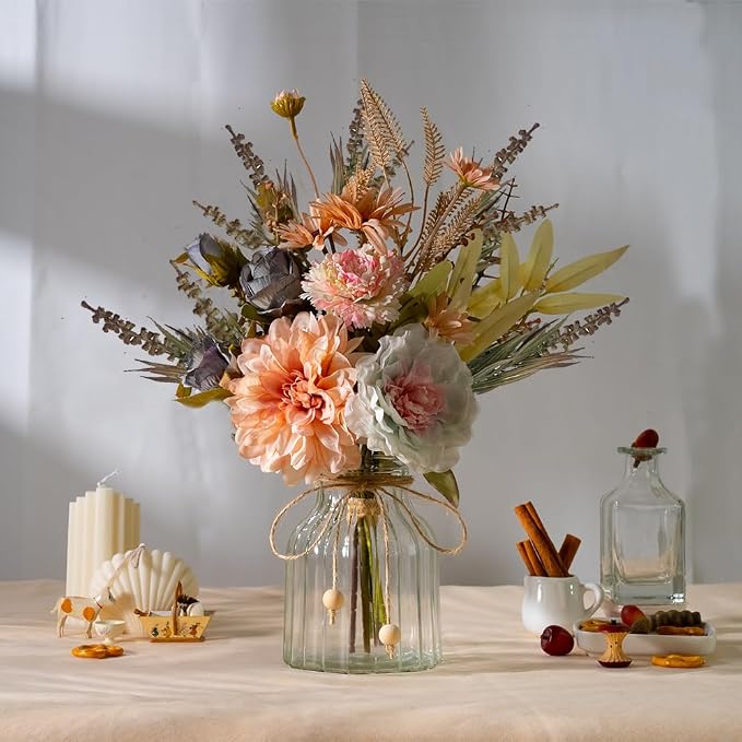 LESING Dahlia Flower Aritificial Flower with Vase Fake Silk Flowers in Glass Vase Faux Rose Flowers Arrangement for Home Office Table Centerpiece Decoration (Pink)