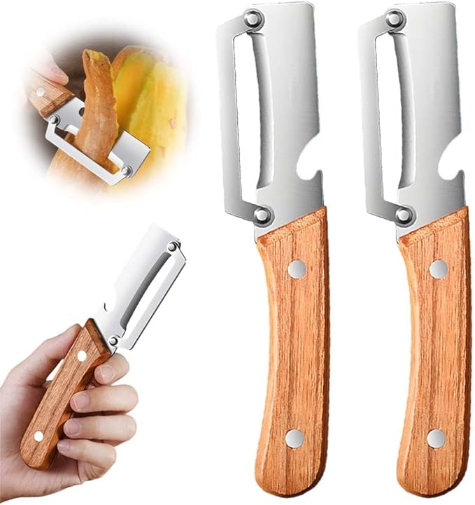 Multi-Functional Vegetable Peeler for Kitchen, 2026 New Wooden Handle and Bottle Opener with Ultra-Sharp Stainless Steel Blade, For Vegetables or Fruits that Need to Be Peeled (2 PCS)