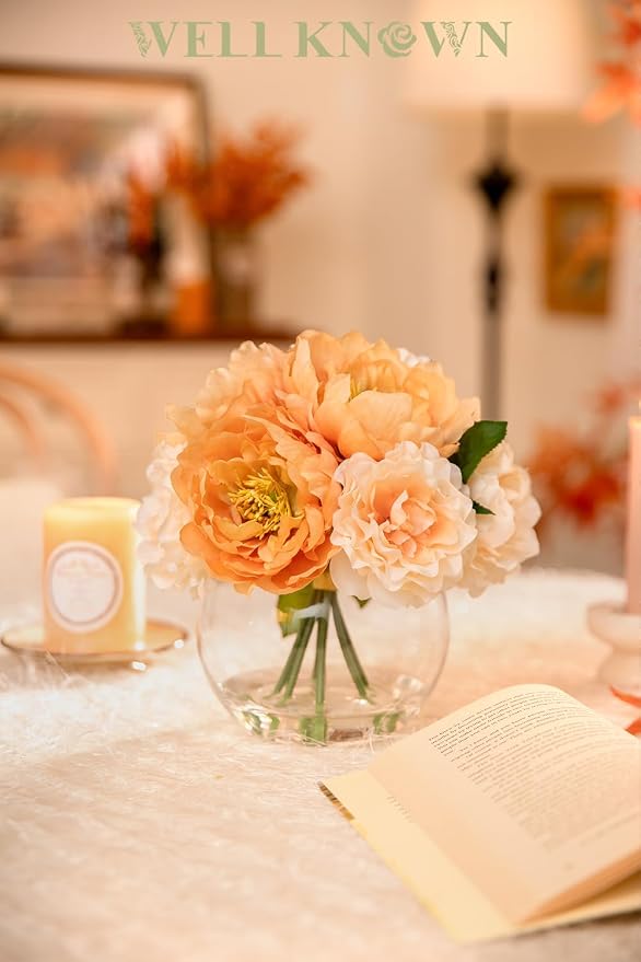 Artificial Flowers in Vase, Silk Peonies Flower Bouquet with Faux Water, Apricot & Champagne Fake Flower Arrangement for Spring Home Decor Wedding Party Dining Table Centerpiece & Mom's Birthday Gift