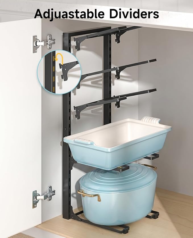 MUDEELA Pots and Pans Organizer Rack under Cabinet 23.62" Height, 10-Tier Adjustable Heavy Duty Pot and Pan Organizer Rack inside Cabinet for Kitchen Organizer Cast-iron Pans, Heavy Cookware