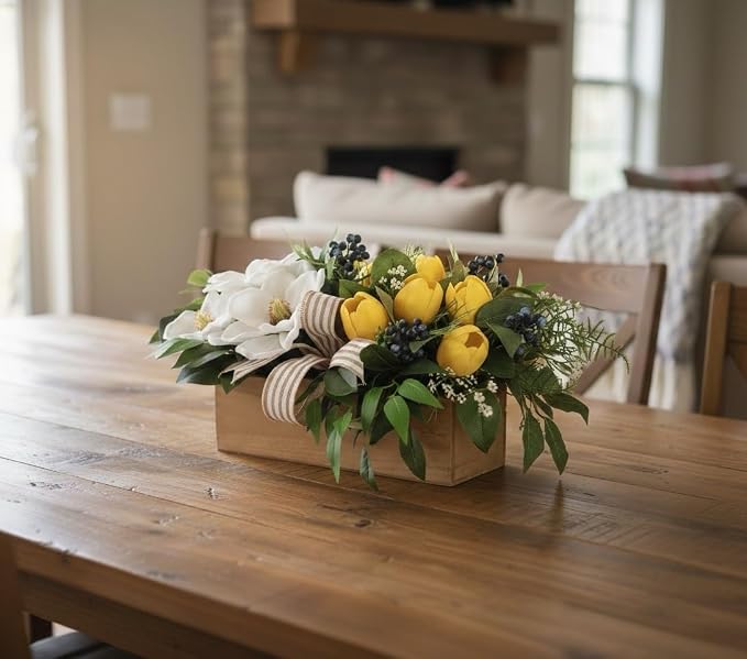 Spring Flowers Centerpiece for Table Decor, 20" L Lifelike Artificial Magnolia Tulip in Rectangular Wood Box, Lush Spring Eater Faux Floral Arrangement Farmhouse Mantel Shelf Kitchen Island Decor