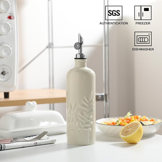 Sweejar 18 Oz Oil Dispenser for Kitchen with Gravity Spout, Ceramic Olive Oil Dispenser Bottle, Relief Opaque Vinegar Container for Evoo, Vinegar, Soy Sauce, Pack of 1(Beige, Silver Spout)