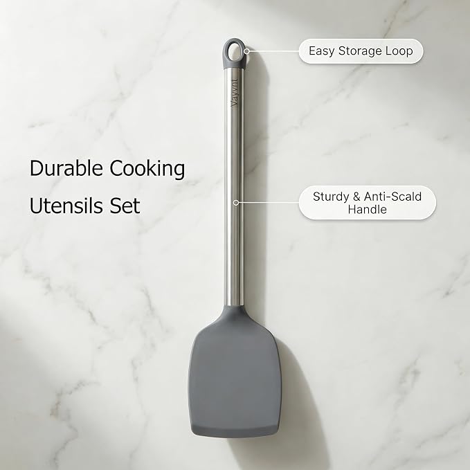Vayvnt 4PCS Cooking Utensils Set, Food Grade Silicone Kitchen Spatula, Gray | Non Toxic, Up to 480℉ Heat Resistant Silicone, Stainless Steel Handle, Slotted Spoons and Solid Turners, Dishwasher Safe
