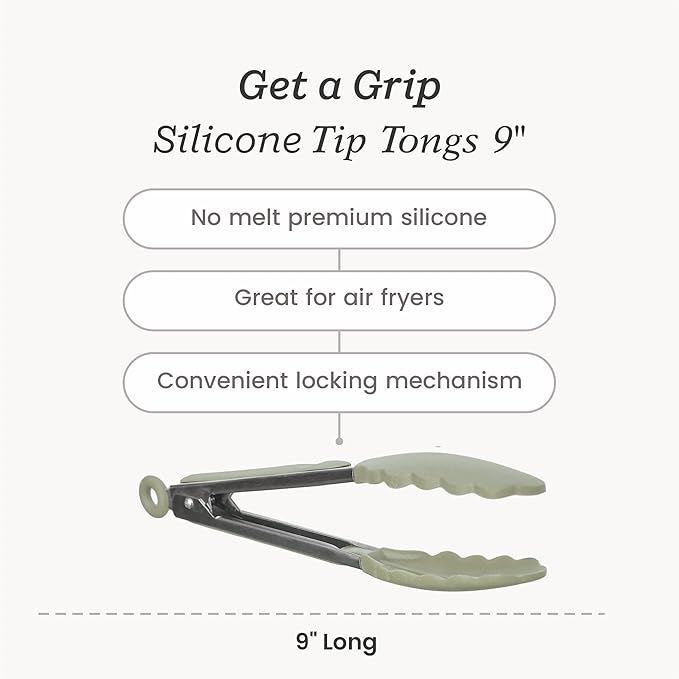 Starpack Get a Grip Silicone Kitchen Tongs (9 Inch) - LFGB Non Toxic, 600°F Heat Resistant, BPA-Free - Heavy-Duty Stainless Steel, Locking - Dishwasher Safe for Nonstick Cookware Sage Green