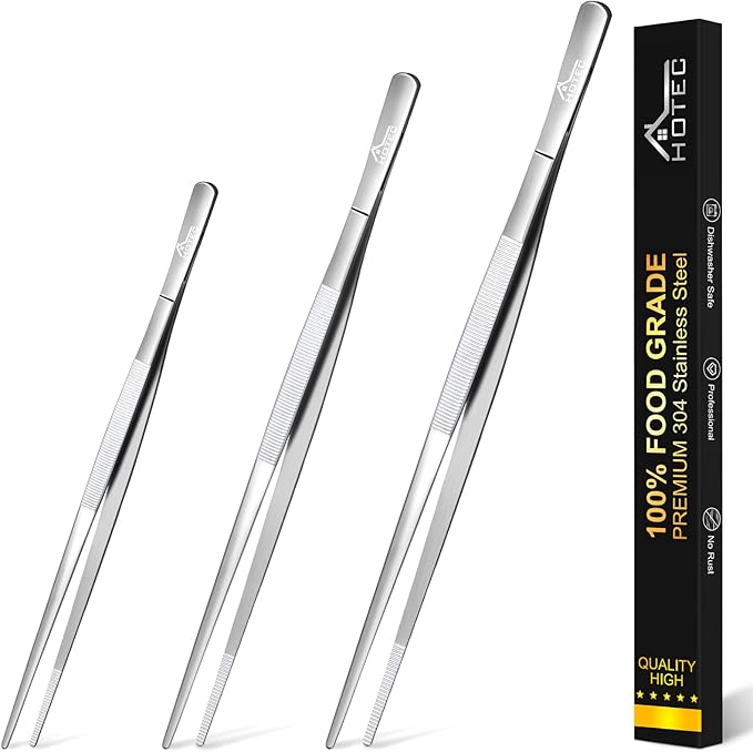 HOTEC Kitchen Tweezers Tongs Stainless Steel Professional Chef Tweezers, Set of 3-6.3", 10" and 12inch Food Tongs for Cooking, Repairing, Dessert, BBQ, Meat, Pasta, Silver