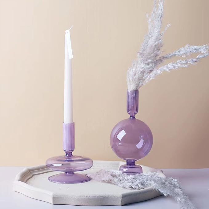 Glass Candlestick Holders Simple Creative Glass Vase Candle Holder Colorful Glass Pillar Candle Stand Candlestick Wavy Elegant Glass Candlestick for Home Centerpiece (Purple G)