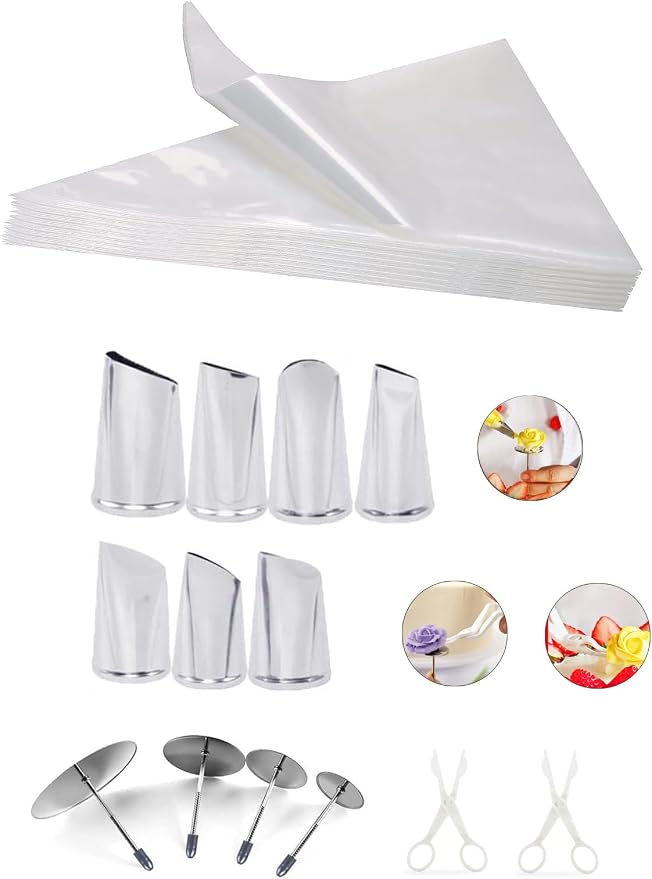 Icing Flower Making Tools Kit,7 Petal Piping Tips Set with 20 Disposable Frosting Bags, 4 Cake Flower Nails, 2 Nail Lifters for Beginners Professionals & Baking Enthusiasts
