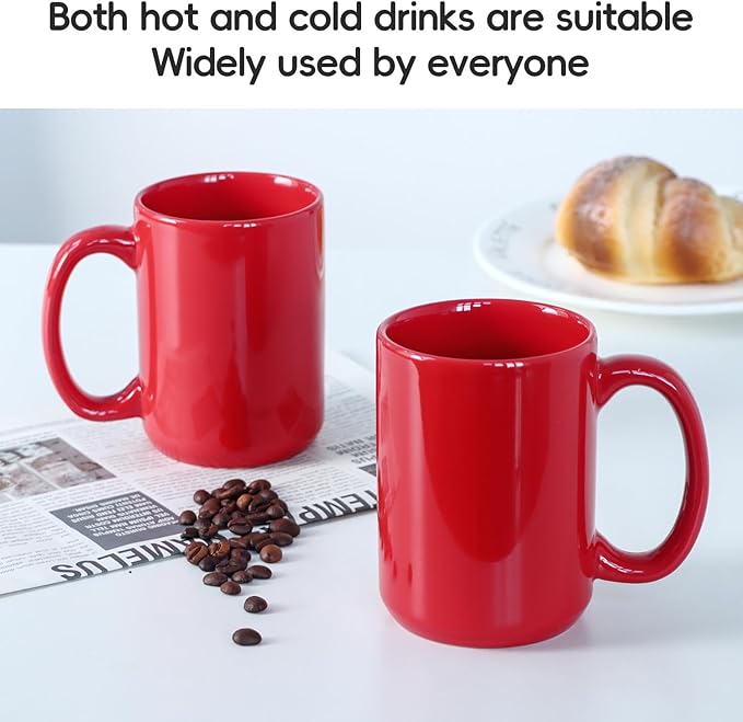 16 OZ Porcelain Coffee Mugs, Classic Blank Ceramic Cup with Large Handle for Tea Latte Cappuccino, Set of 4, Red