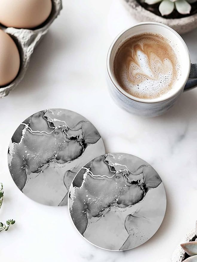 Coasters Set of 6 Black Marble Drink Coasters with Holder Absorbent Stone Ceramic Cup Mat Abstract Waves Cloud Coaster for Drinks Coffee Bar Office Kitchen Cafe Home Table Decor