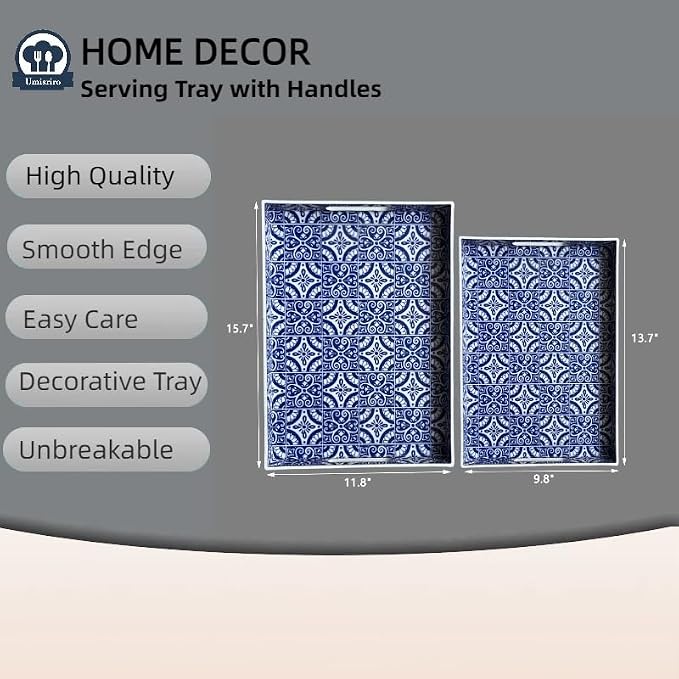 2 Pack Serving Tray with Handles, Rectangular Decorative Trays for Coffee Table, Modern Blue Plastic Ottoman Tray for Living Room, Bathroom, Kitchen, Decor, (Boho Blue)