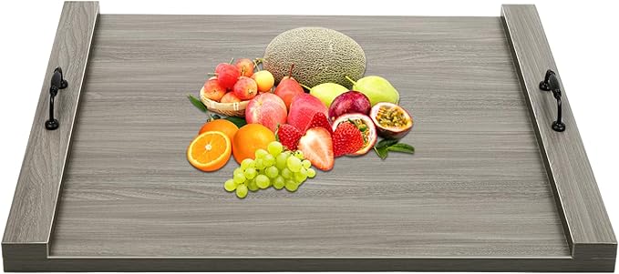 Rustic Wooden Serving Tray with Metal Handles, 30x22in Large Smoked Oak Decorative Ottoman Tray for Kitchen Countertop, Coffee Table, Breakfast, Dining Home Organization