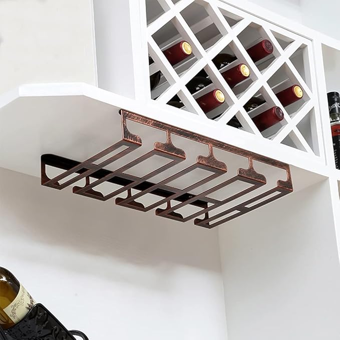 Under Cabinet Stemware, Hanging Wine Glass Holder with Screws, Glasses Storage Hanger Iron Organizer for Home Kitchen Bar