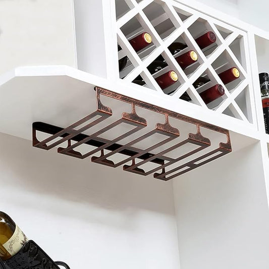Under Cabinet Stemware, Hanging Wine Glass Holder with Screws, Glasses Storage Hanger Iron Organizer for Home Kitchen Bar