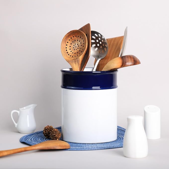 Ceramic Navy Blue Pattern Kitchen Utensil Holder, Large Cooking Utensil Crocks for Kitchen Countertop, Simple Style Utensil Organizer